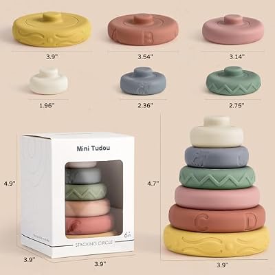 Mini Tudou 6 Pcs Stacking & Nesting Circle Toy 4.7,Soft Building Rings Stacker & Teethers,Squeeze Play with Early Educational Learning Stacking Tower, Toy for 6+ Months Boys&Girls