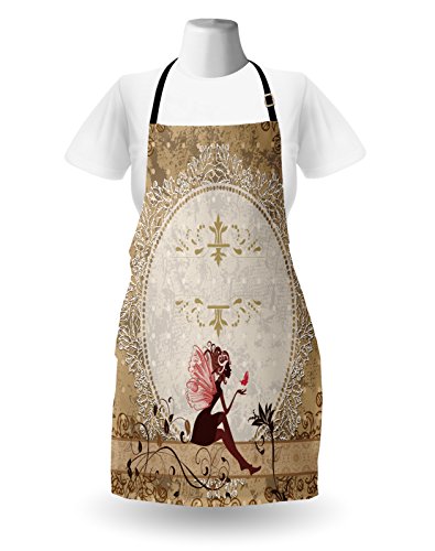 Lunarable Fantasy Apron, Elf Pixie Sitting Lace Petals With Butterfly Shabby Form Art Print, Unisex Kitchen Bib With Adjustable Neck For Cooking Gardening, Adult Size, Maroon Beige #TOP1