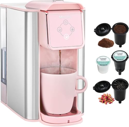 Mecity Pink Coffee Maker 3-in-1 Single Serve Coffee Machine For Flat Bottom Coffee Capsule Ground Coffee 6 to 10 Ounce Cup Removable 50 Oz Water Reservoir 120V 1150W