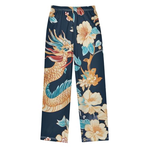 Dragon and Flowers Boys Long Pants Soft Trousers Elastic Waist Kids Lounge Bottoms with Pockets S-XL2
