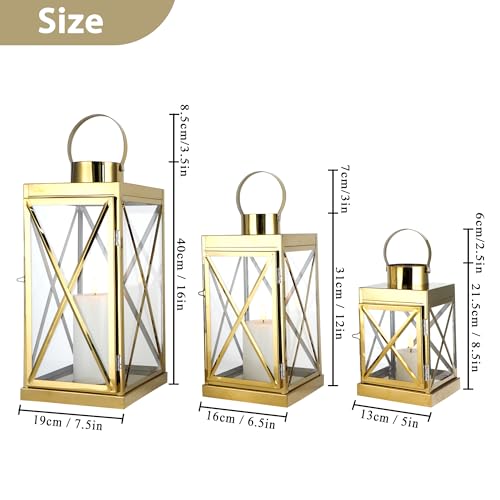 Image of TRIROCKS Gold Stainless Steel Lantern Set of 3-Square Elegance 8 /12 /16 Inch Opulent Metal Candle Lanterns Candle Holder with Tempered Glass for Home Garden Indoor Outdoor Decor Celebratory Everyday
