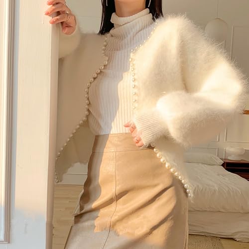 Cardigan Sweater for Women Solid Knit Outerwear Top Open Front Pearl with Trim Beading Plush Long Sleeve Casual Coat3