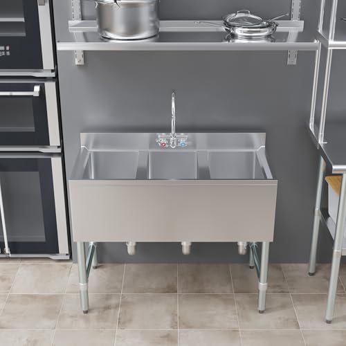 Image of AmGood 3 Compartment Under Bar Sink With Faucet - 38 inch X 18 3 /4 inch. NSF. Commercial Three Bowl Under Bar Sink
