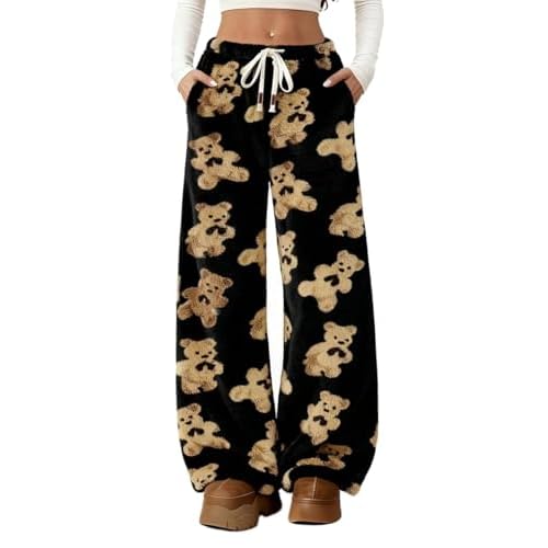Ivicoer Women's Warm Fleece Pajama Pants Fluffy Plush Cute Printed Elastic Waist Winter Warm Soft Pj Bottoms Black Bear Small
