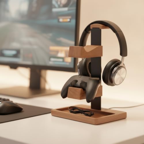 CAQYPVH Support Casque avec Plateau En Bois Support Manette Jeu Métallique Organiseur Stockage Universel pour Joueurs – vue 7