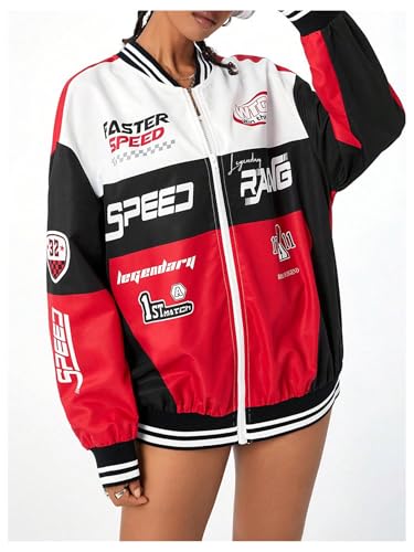 GORGLITTER Women's Racing Jacket Color Block Zip Up Varsity Jacket Oversized Letter Graphic Motorcycle Biker Coats2