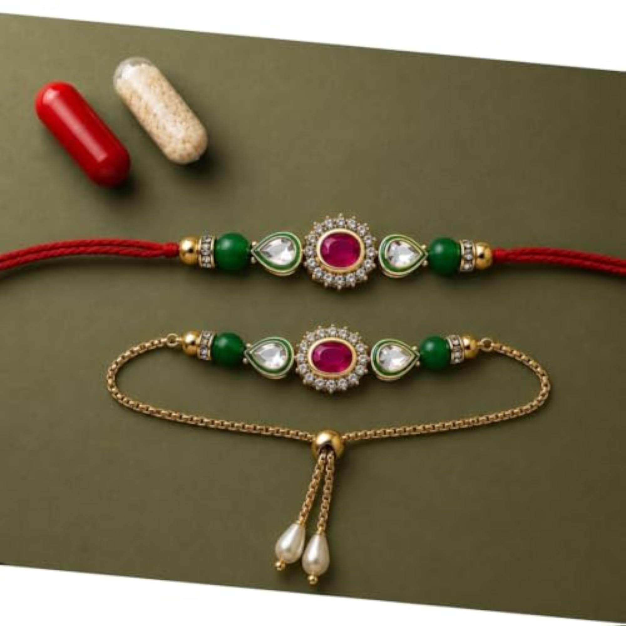 Kundan Stone Work Pair Rakhi Set with Roli Chawal Kit