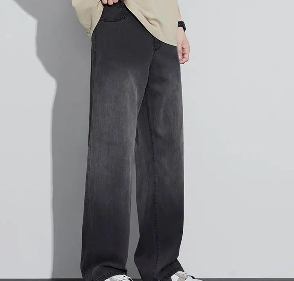 Men’S Straight Jeans Mid Waist Loose Fit Casual Pants Lightweight Gradient Wash with Button Jeans3