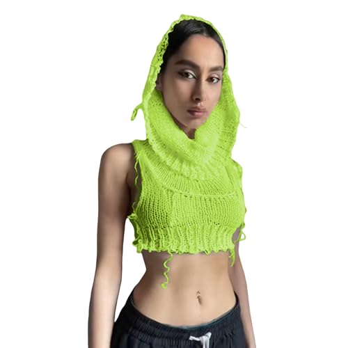Image of Women Knitted Hoodie Sweater Vest Sexy Sleeveless Hollow Out Hooded Crop Top Streetwear Rave Oufit
