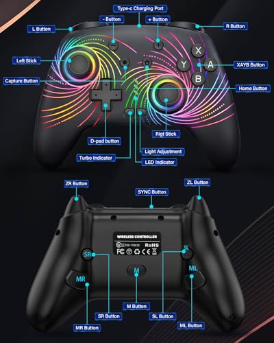 Image of Switch Controller, Wireless Pro Controller Compatible with Nitendo Switch /Switch 2 /Switch Lite /Switch OLED, Switch Controller Pro, Rechargeable Switch Remote Gamepad with 6-Axis Gyro,10 LED Light, Swirl Light