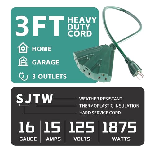 MaxWorks 80697 Heavy Duty 3-Ft Extension Cord, 16/3 SJTW, 3-Outlet, 125V/15A/1875W, ETL Approved, Indoor/Outdoor Use, Green – Converts 1 Outlet to 3