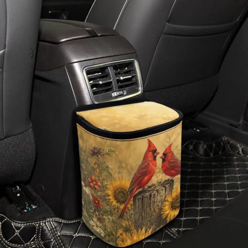 Image of Talayituse Forest Cardinal Sunflower Pattern Car Trash Can with Lid, Leak Proof Auto Trash Bag Hanging Vehicle Garbage Can Multipurpose Storage Container for Back Seat Road Trip