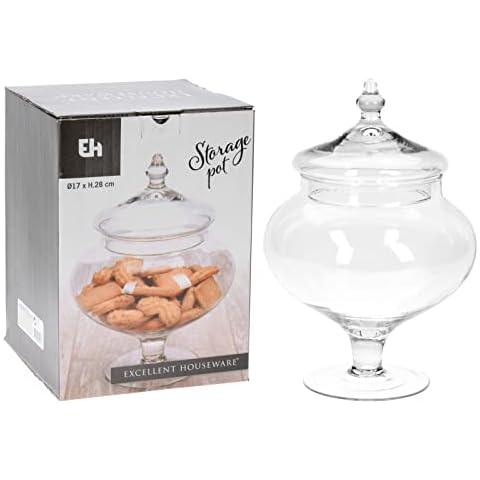Excellent Houseware Clear Glass Biscuit Cookie Jar Decorative Candy Jar with Lid Footed Victorian Vintage for Sweets Chocolates Bonbon Food Buffet Wedding Party Table CentrePc Home Kitchen Cover