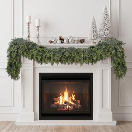 Image of Hananona 6FT Artificial Cedar Garlands, 2Pcs Real Touch Soft Cedar Pine Garland, Winter Artificial Greenery Garland for Fireplace Mantel Staircase Porch Table Indoor Home Decor (2, Dark Green, 6FT)