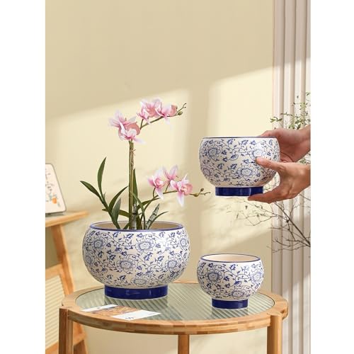 Pot de fleurs en céramique style chinois bleu et blanc pour salon de luxe