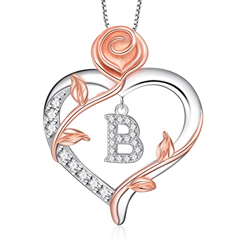 Riviko Graduation Gifts For Her 2023 Rose Heart Initial Necklaces For Women, 925 Sterling Silver Love Heart Initial Letter B Pendant Necklace, Personalized Capital Monogram Dainty Alphabet Jewelry Valentines Christmas Anniversary Birthday Gifts For Women Girls Her Mom Wife Girlfriend #TOP10