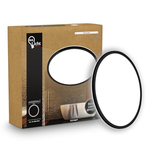 B.K.Licht - Panel LED plano con iluminación indirecta, luz blanco neutro, IP44, plafon led techo baño, lámpara techo, lámpara baño, plafon cucina, 24 x 3 cm, negro