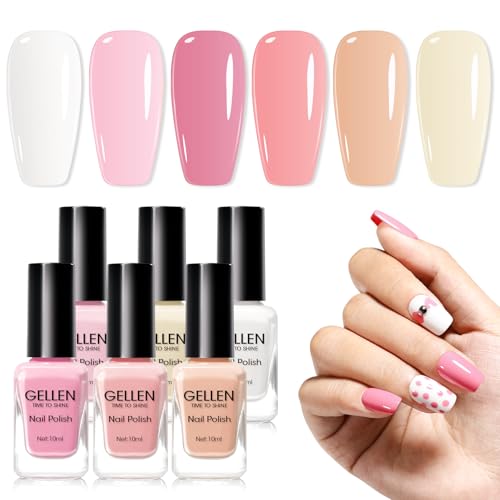 GELLEN Nude Pink French Nail Polish, Quick Air Dry Non-gel Regular Nail Polish No Light Needed for Finger Toe & Fake Nails | 6-color Spring Summer, Apply 2 Thin Coats | Toxin TPO HEMA Free, No Chip