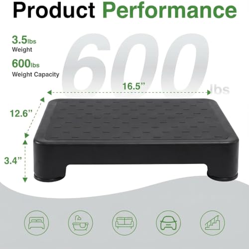 Image of COOL-ANGLE Non-Slip Step Stool for Adults & Seniors - 3.4 inch Low Profile Wide Platform 600lbs Capacity - 6 Stability Feet Bed Step for High Beds, Bath & Car - Portable with Handles, Black