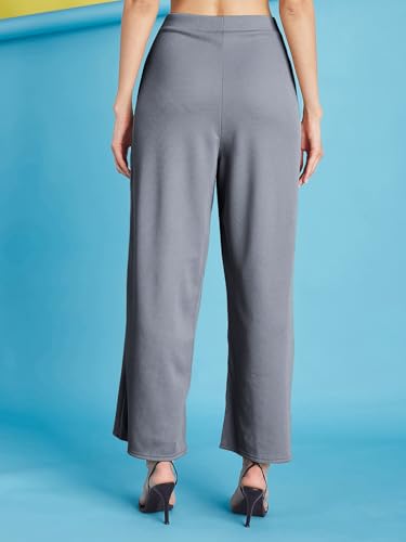 Image of Selvia Women's Solid Ribbed Lycra Elastic Regular Fit Wide-Leg Trouser