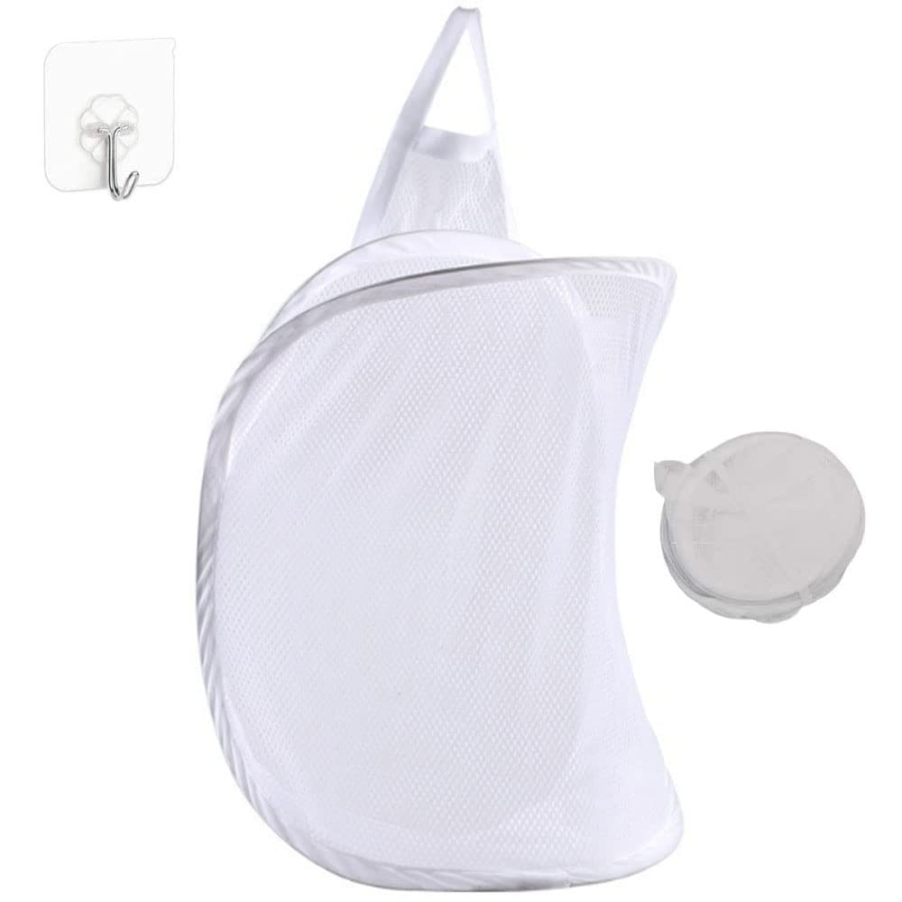 Over The Door Pop Up Mesh Hamper, Qtopun Adjustable Strap Hanging Laundry Hamper Foldable Dirty Cloth Basket With Sticky Hook --- White