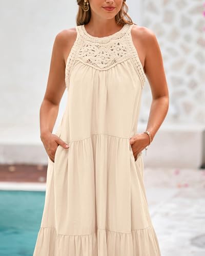 Image of BTFBM Halter Summer Dresses for Women 2026 Casual Spring Hollow Out Sleeveless Boho Sundresses Beach Vacation Maxi Dress