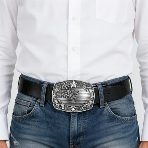 Image of Western Belt Buckle for Men Vintage Cowboy Rodeo Texas Initial Letter ABCDJMR to Z Belt Buckles