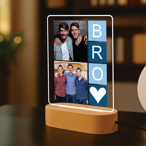 Image of Giftplease ersonalized Acrylic Photo Night Light - Custom LED Lamp with Wooden Base, Photo Collage & Custom 'BRO' Text Nightlight, Personalized Gifts for Brother, Birthday, Rakhi, Room Decor