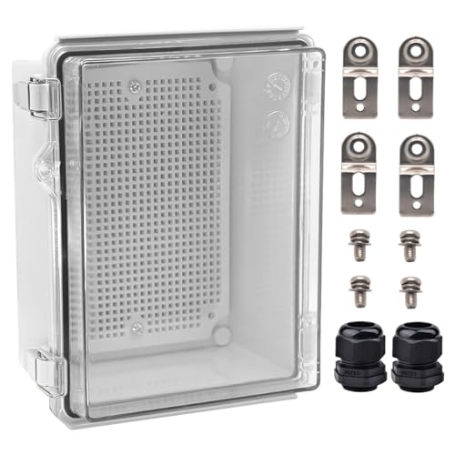 Image of Waterproof Electrical Box with Mounting Plate 222x170x110mm, IP67 Junction Box Stainless Steel Latch Hinged Clear Cover Project Enclosure with Wall Bracket and 2 Glands 8.7 inchx6.7 inchx4.3 inch