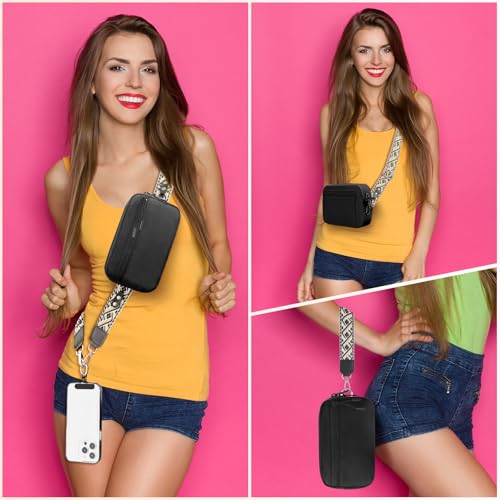 Image of YFWE Clip and Go Strap for Phone with Wallet Crossbody, Adjustable Phone Lanyard with Detachable RFID Wristlet Wallet, Pattern Strap - Black (L)