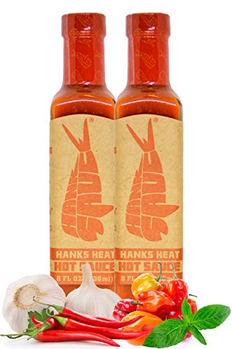 Hank Sauce Hankâ€™s Heat Hot Sauce - Versatile Hot Pepper Sauce with Fresh Basil, Garlic & Aged Peppers - Hot Garlic Sauce with Mild Heat & Unique Flavor - Multipurpose Habanero Sauce - 2 x 8 Ounces