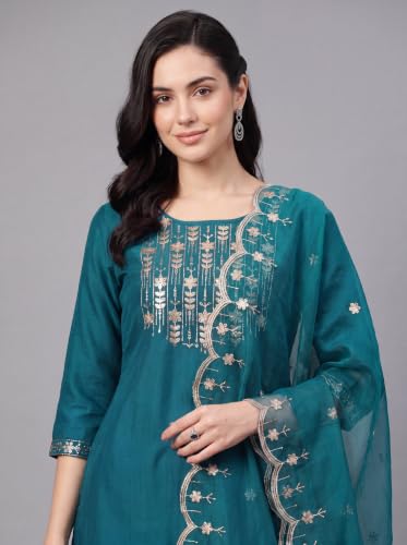 Image of INDO ERA Women's Silk Embroidered Straight Kurta With Pant & Dupatta Set