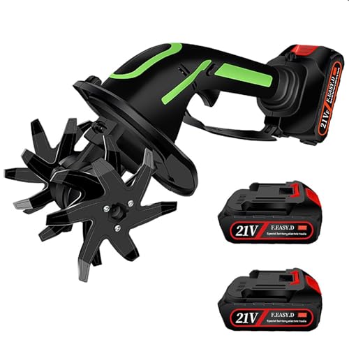Motozappa senza fili da 21 V con 2 batterie, coltivatore elettrico leggero per la preparazione del terreno del giardino e il diserbo del prato, rotavatore portatile ergonomico per la manutenzione