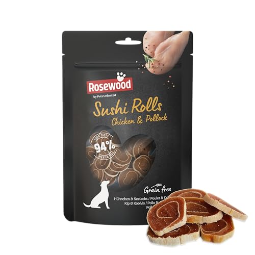 Rosewood Sushi Rolls Huhn & Seelachs – Weiche Leckerlis für Hunde mit Huhn und Seelachs, ohne Getreide, ohne künstliche Zusatzstoffe, 100 g