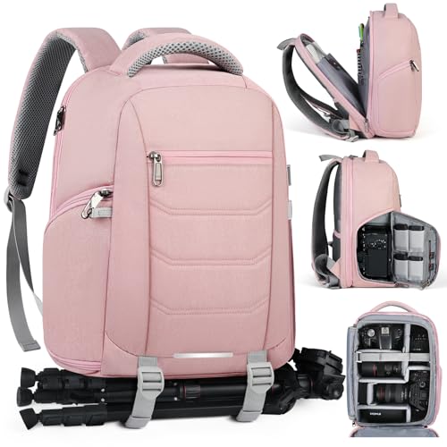 Image of SDYSM Camera Bag Backpack Professional for DSLR SLR Mirrorless Camera | 14 Inch Waterproof Camera Laptop Backpack with Rain Cover Anti Theft Travel Case Large Capacity Photography Backpack, Pink