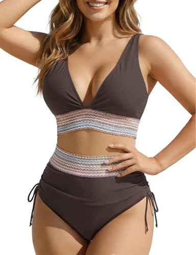 Bikini taille haute café XL : maillot de bain 2 pièces galbant à cordon