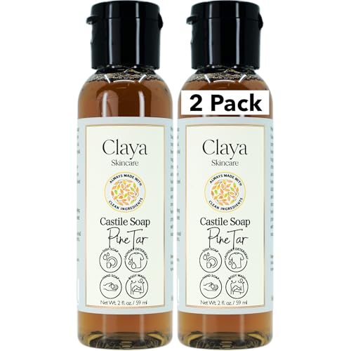Image of Claya Pine Tar Liquid Castile Soap - Organic Ingredients, Biodegradable, Gentle for Sensitive Skin, Versatile Use and Travel Size (2 Pack of 2 fl oz)