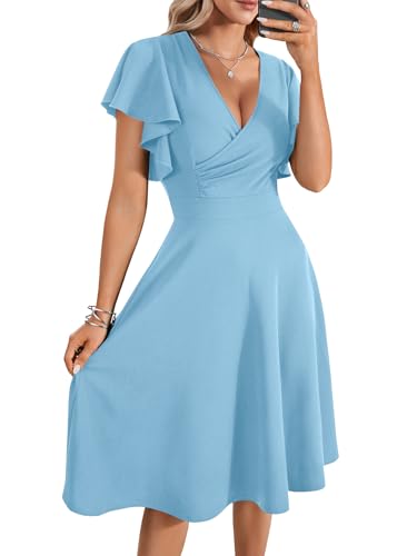 Image of LYANER Women's Warp V Neck Ruffle Short Sleeve A Line Swing Flared Cocktail Party Midi Dress