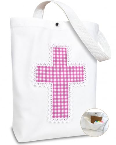 Image of Christian Tote Bag Gift for Women, Canvas Bible Bag Handmade Floral Cross | Christian faith-inspired gift, handcrafted cross with lace, inner pocket, snap closure, bottom gusset, church Bible study use