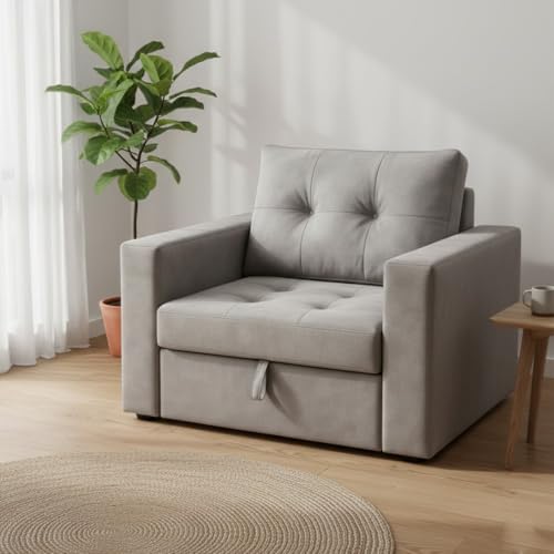 Image of FURNY Tressa 1 Seater Fabric Pull-Out Sofa Cum Bed (Light Grey) | Premium Velvet Finish | Durable Comfort | Ideal for Living Room