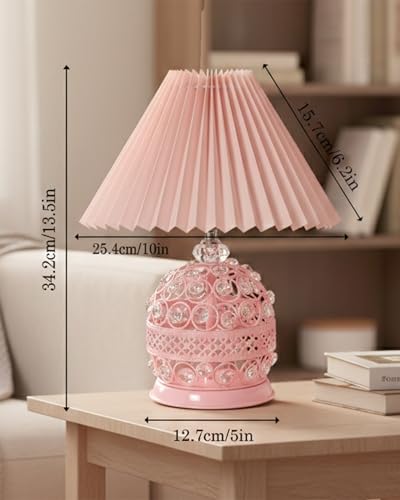 Image of Homesake Modern Small Crystal Table Lamp, Contemporary Bedroom Bedside Nightstand Lamp Light, Desk Globe Lamp for Living Room Girls Kids Room, Fabric Shade (Pink Pleated)
