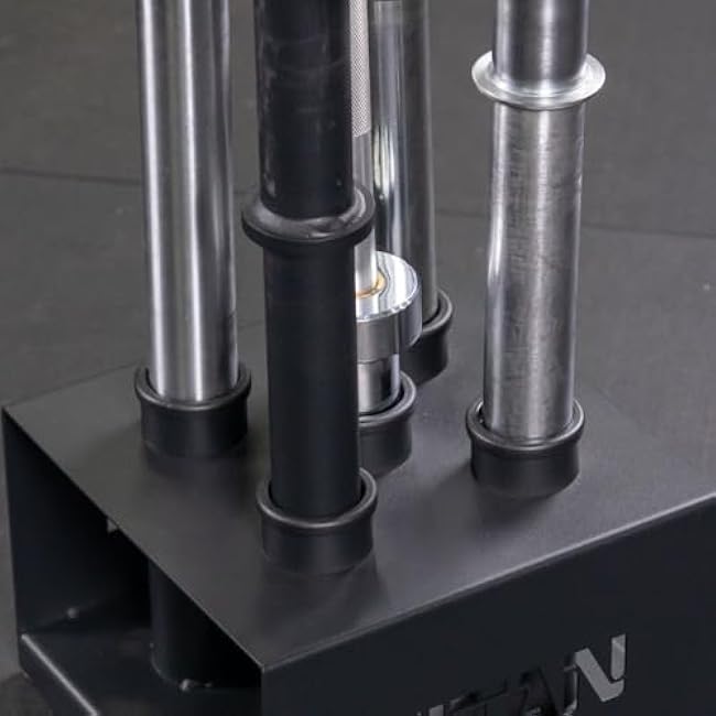 Titan Fitness 5 Barbell Holder, Vertical Olympic Sized Bar Rack, 12 x 12 Compact Floor Unit, Nylon Inserts Protect Sleeves, Organize and Save Space in Home Garage Gym