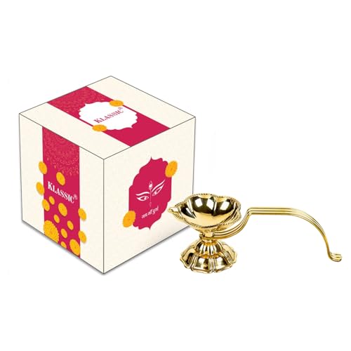 Klassic Home Decore Small Brass Aarti Diya | 4 cm Hight, Brass, Long Handle, Pooja Lamp | Best for Pooja Purposes, Diwali Festival Temple Decoration (Pack of 1, Gold)