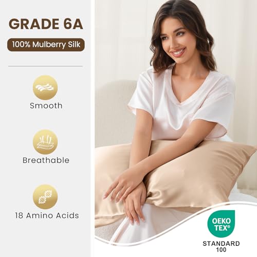Image of THXSILK 100% Mulberry Silk Pillowcase for Hair and Skin, 25 Momme Mulberry Silk Pillow Case, Natural Mulberry Silk Pillow Case Cover with Zipper, 1pc (California King Size 20 inchx40 inch, Beige)
