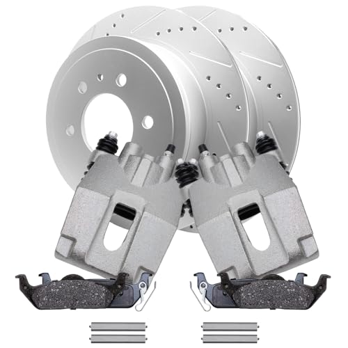 Image of Detroit Axle - Rear Brake Kit for Ford 2004-2011 F-150 | 2006-2008 Lincoln Mark LT, Drilled & Slotted Brake Rotors Brake Calipers w /Brackets Ceramic Brake Pads 2007 Replacement