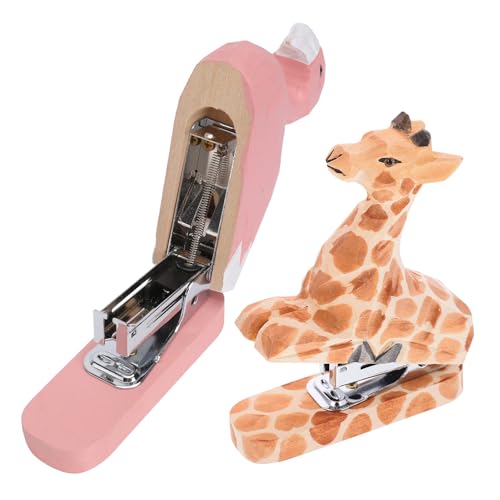 OSALADI 2pcs Mini Handmade Wood Animal Staplers – Cute Flamingo Giraffe Paper Stapling Tool for Office and School Desk Stationery