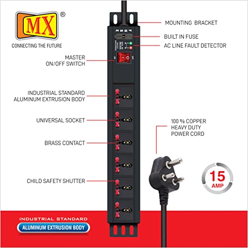 Image of MX Universal Socket Extension Board with Child Safety Shutter Power Strip Wall /Desk Mount Heavy Duty Alumminium Extrusion Body (6-Outlet Universal Power Strip 3 MTR)