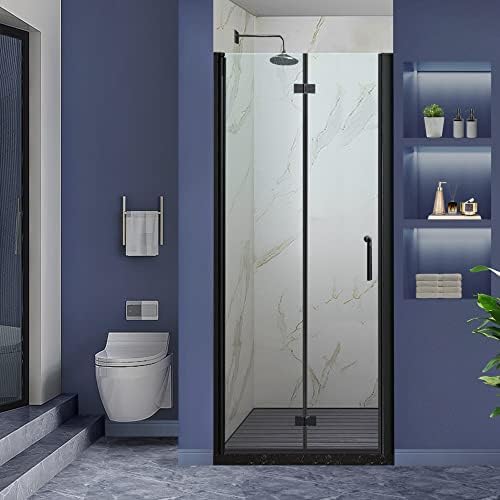 GroGro Frameless Glass Shower Door,32-33.5" W x 72" H Bifold Shower Door,1/4 in Thick Clear Tempered Glass Shower Doors,Matte Black Finish Pivot Shower Door,Left or Right Installation