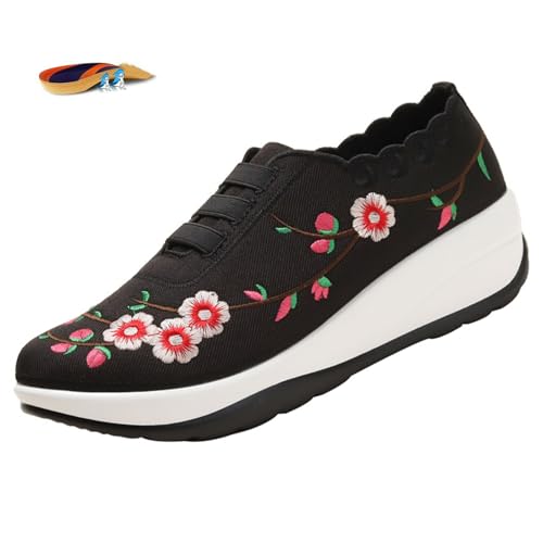 Women's Floral Embroidery Platform Wedge Walking Sneakers Fashion Fitness Mesh Up Stretch Slip On Arch Support Orthopedic Running Shoe Casual Breathable Wedge Rocker Shoe