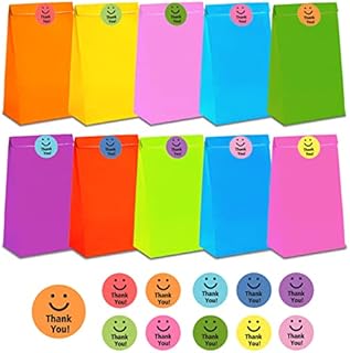 CASPLUS 50 Paper Party Bags, Flat Bottom Kraft Bag Candy Paper Bag, with 50 Pieces Stickers for Class, Party Favors and Birthday.